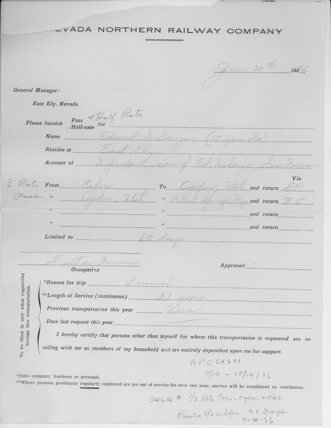 1936 Ed diSanza Pass Request